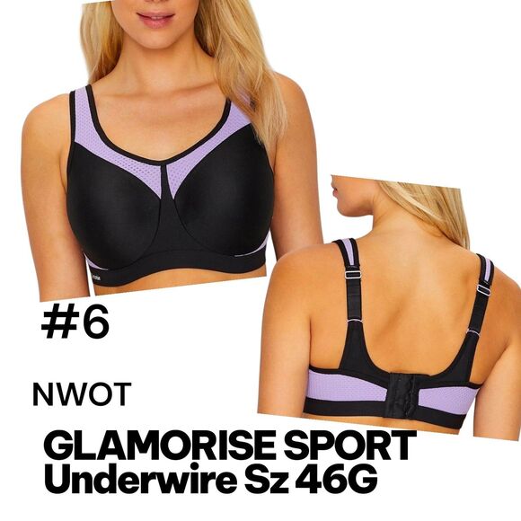 GLAMORISE SPORT Sz 46G NWOT Plus Size MagicLift Purple Black Sports Bra Wireless - Picture 1 of 10